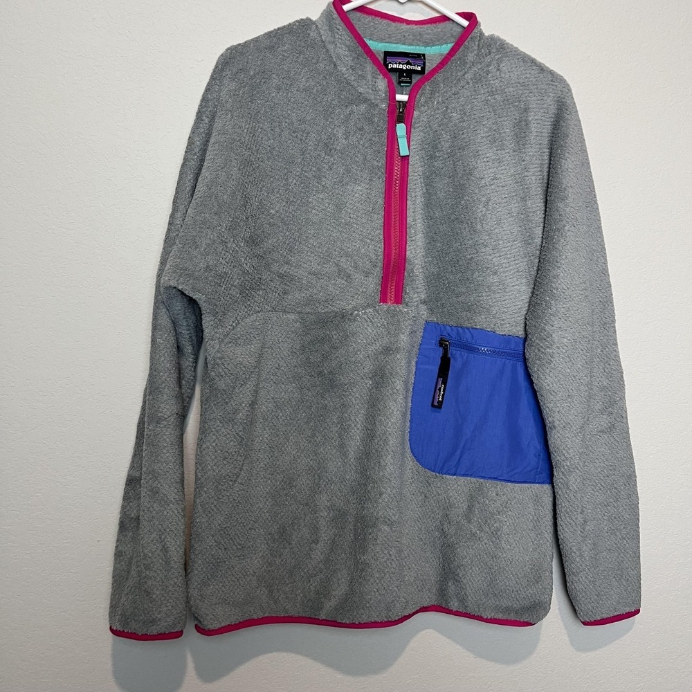 Patagonia Jacket Womens L Gray Colorblock 1/4 Zip Fleece Pullover Pocket Hiking